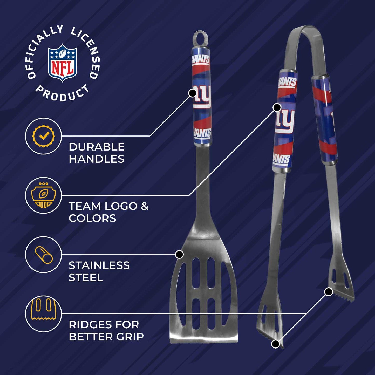 New York Giants NFL Two Piece Grilling Tools Set with 2 Magnet Chip Clips - Chrome