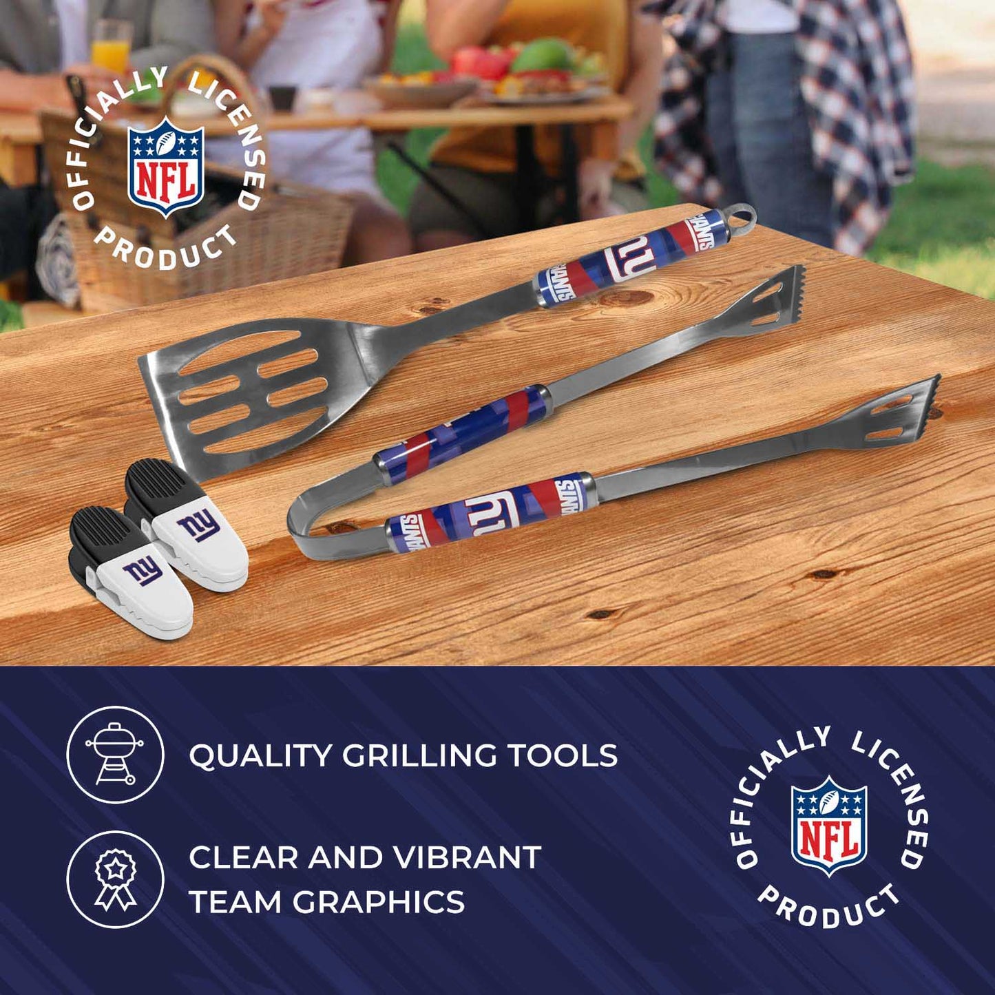 New York Giants NFL Two Piece Grilling Tools Set with 2 Magnet Chip Clips - Chrome