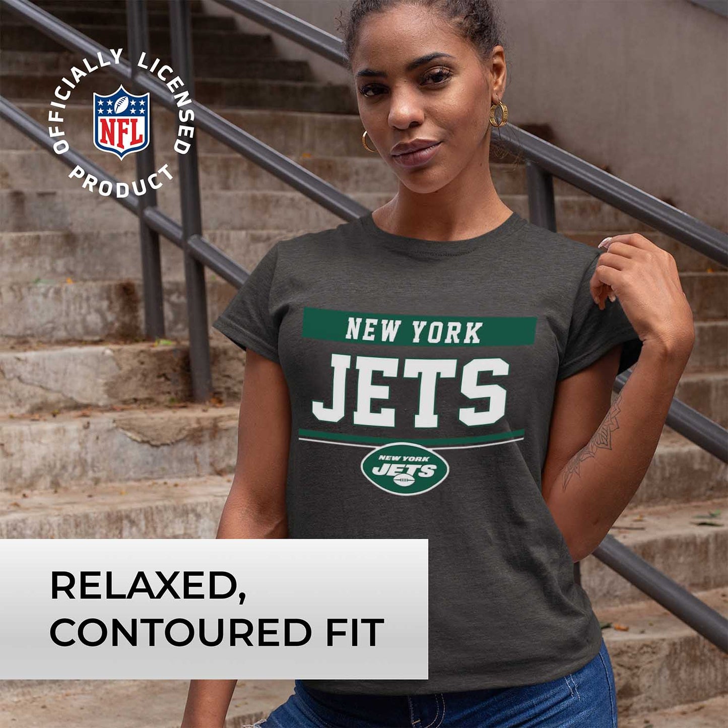 New York Jets NFL Women's Team Block Charcoal Tagless T-Shirt - Charcoal