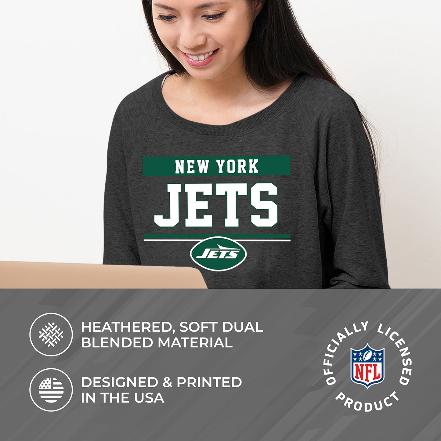 New York Jets NFL Womens Charcoal Crew Neck Football Apparel - Charcoal