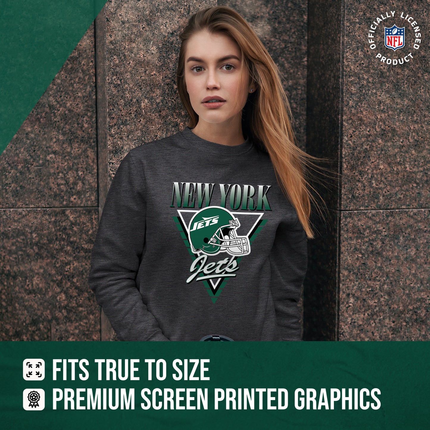 New York Jets NFL Womens Retro Triangle Slouchy Crewneck - Heather Charcoal