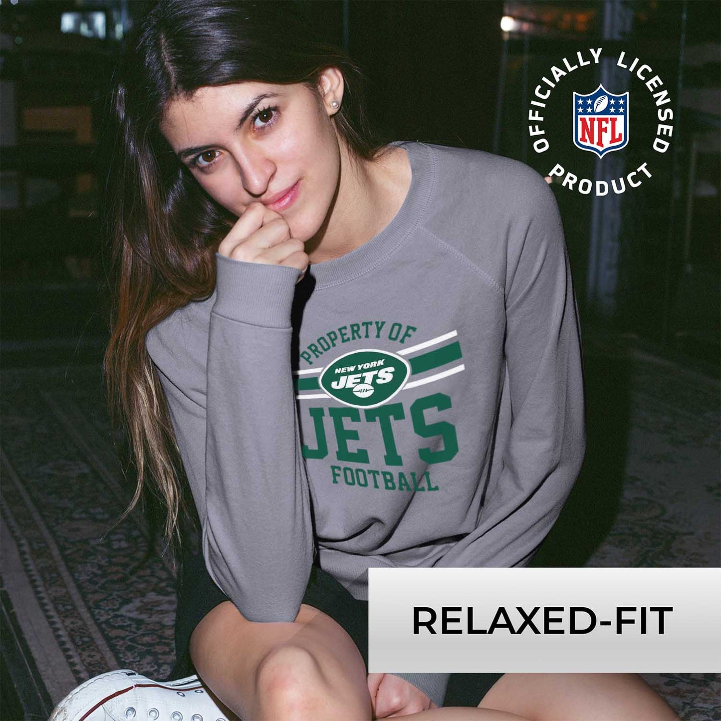 New York Jets NFL Womens Property of Lighweight Crew Neck - Sport Gray