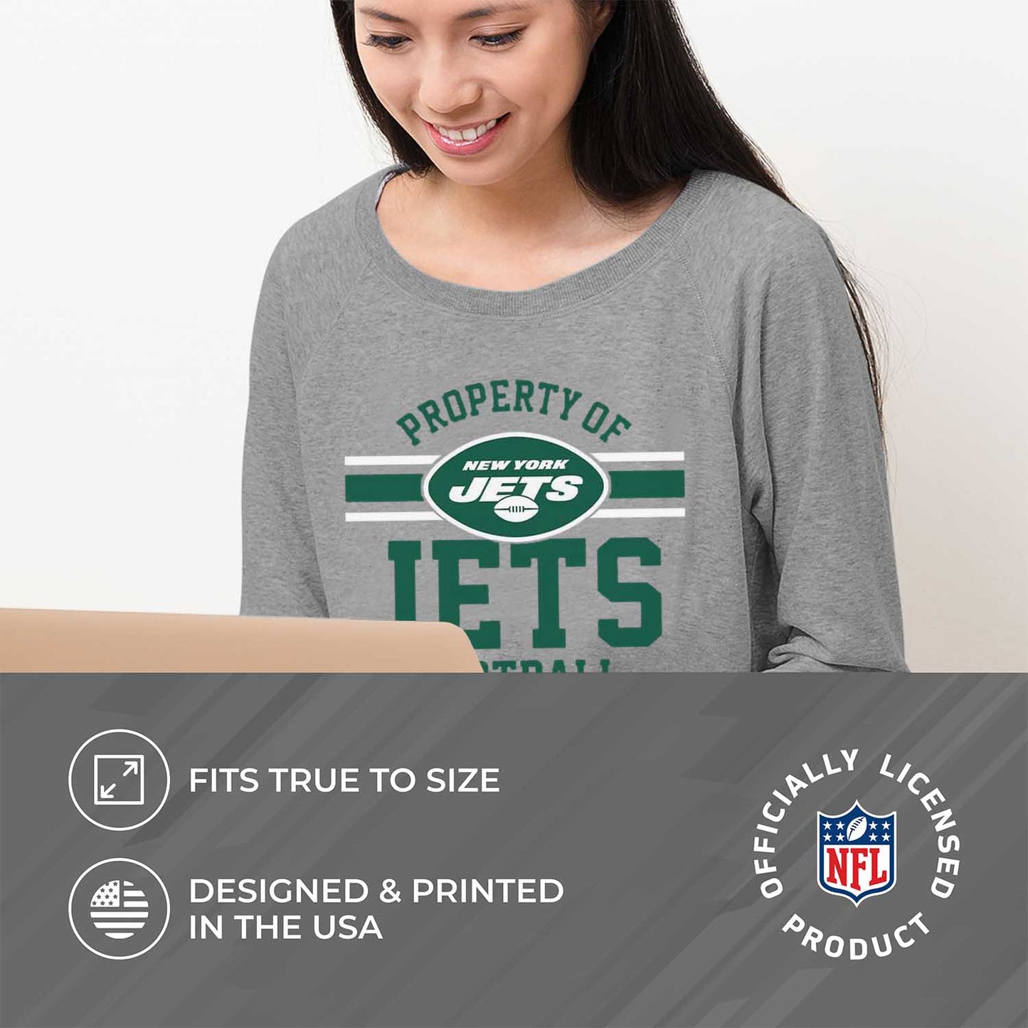 New York Jets NFL Womens Property of Lighweight Crew Neck - Sport Gray