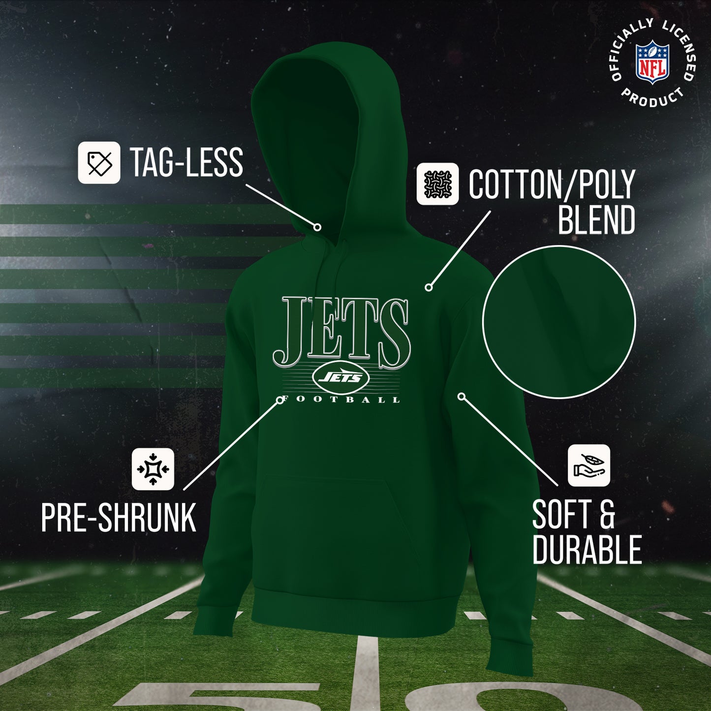 New York Jets NFL Adult Unisex Overtime Blueprint Soft Fleece Hooded Sweatshirt - Black