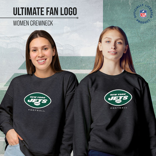 New York Jets Women's NFL Ultimate Fan Logo Slouchy Crewneck -Tagless Fleece Lightweight Pullover - Charcoal