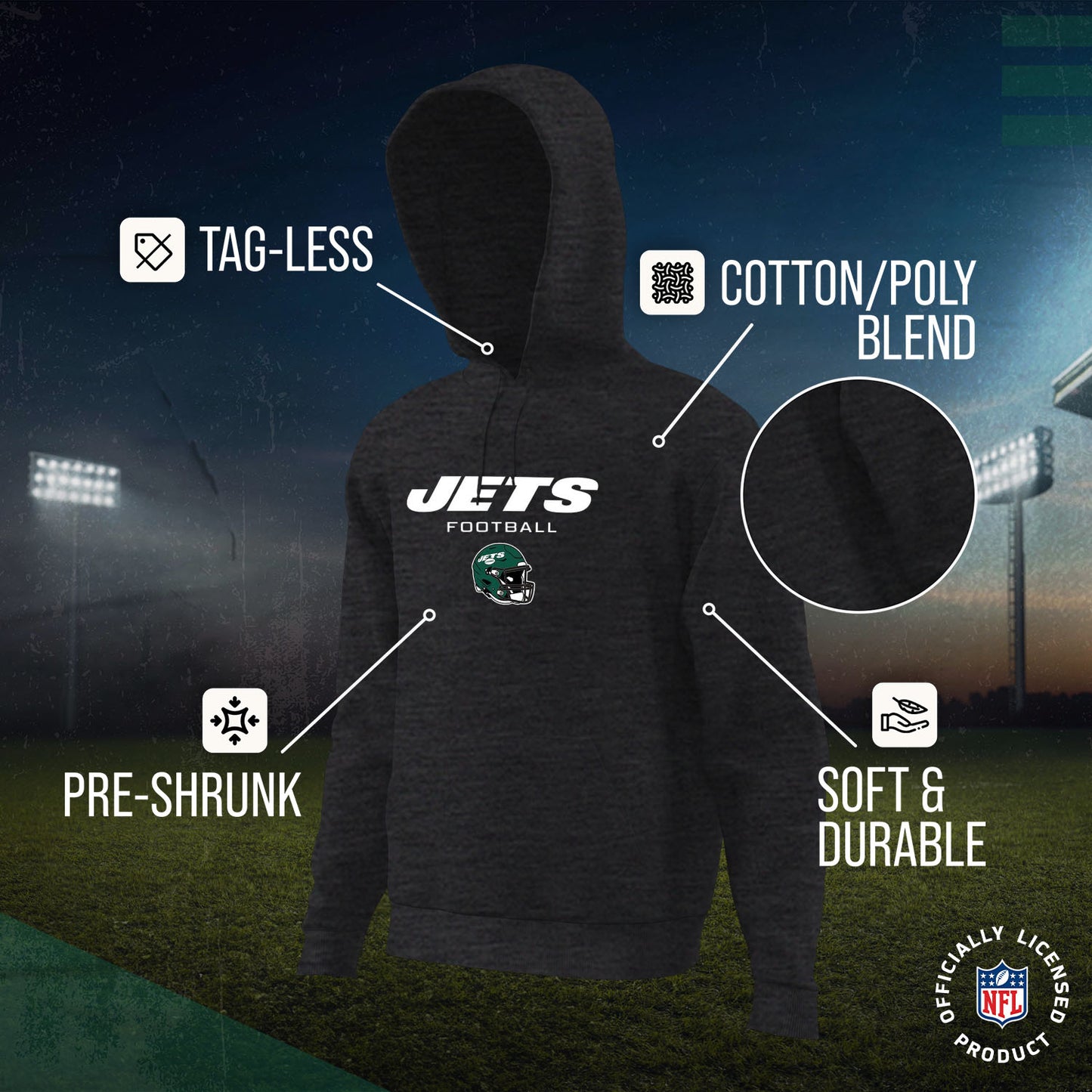 New York Jets Adult NFL Football Helmet Heather Hooded Sweatshirt  - Charcoal