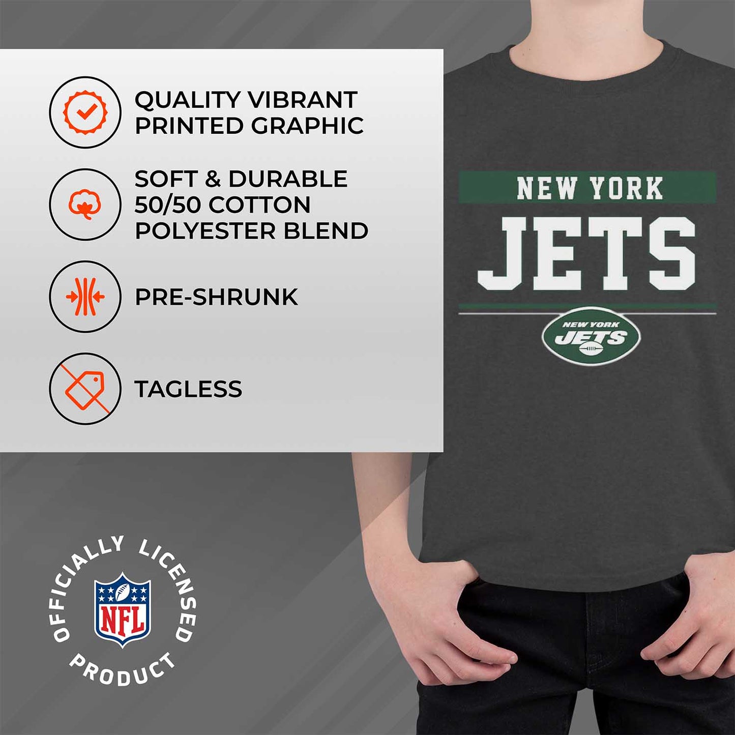 New York Jets NFL Youth Short Sleeve Charcoal T Shirt - Charcoal
