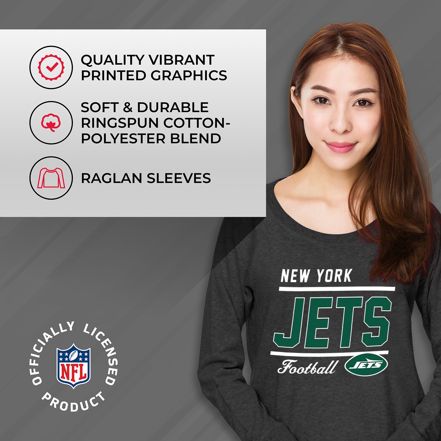 New York Jets NFL Womens Crew Neck Light Weight - Charcoal