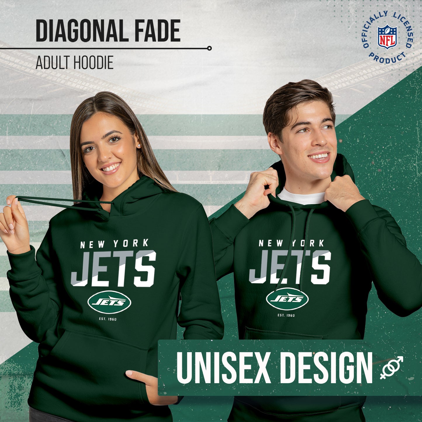 New York Jets Adult NFL Diagonal Fade Fleece Hooded Sweatshirt - Forest Green