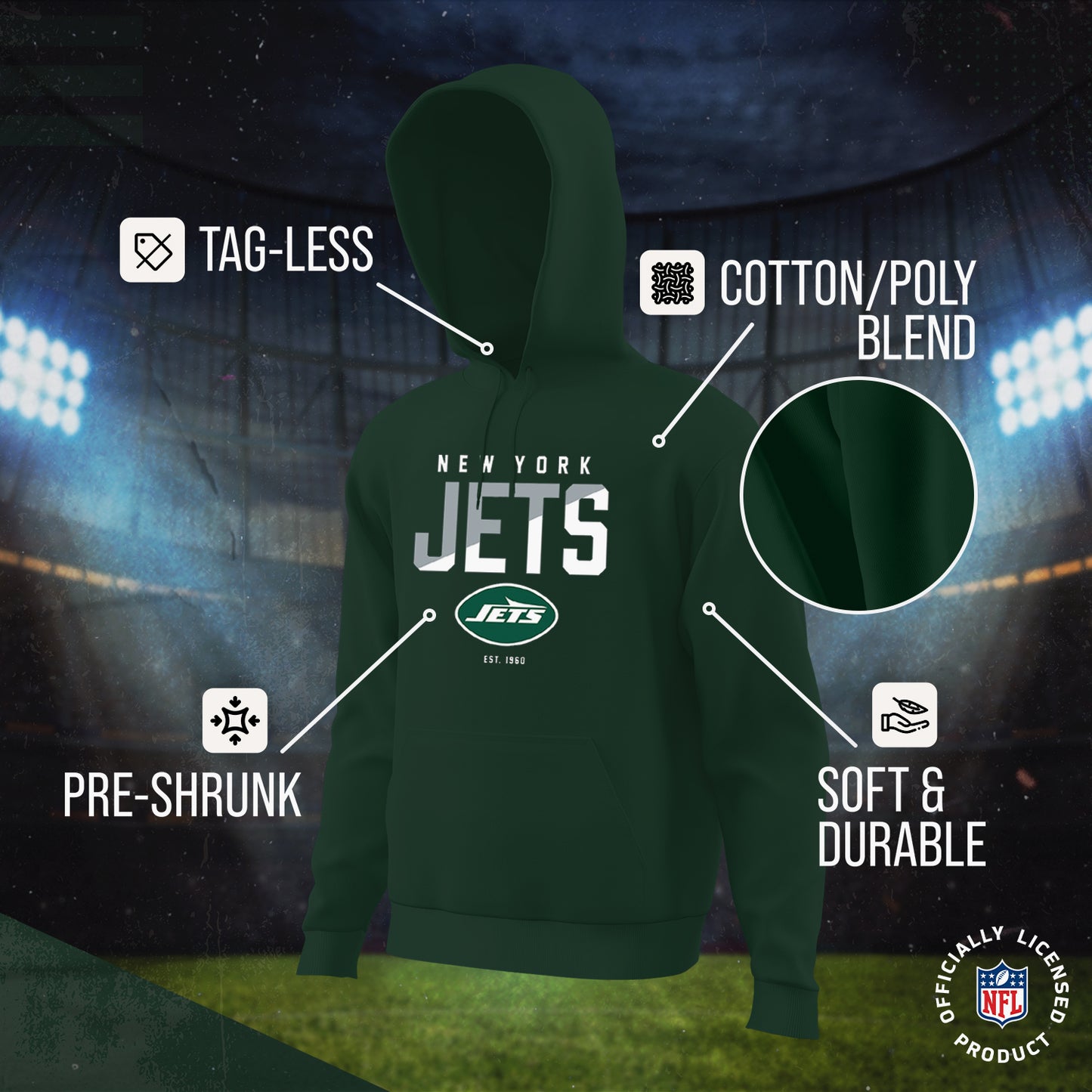 New York Jets Adult NFL Diagonal Fade Fleece Hooded Sweatshirt - Forest Green