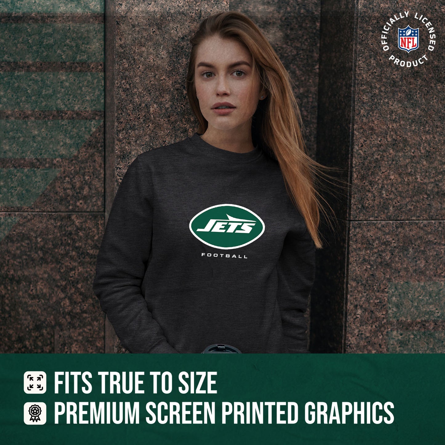 New York Jets Women's NFL Ultimate Fan Logo Slouchy Crewneck -Tagless Fleece Lightweight Pullover - Charcoal