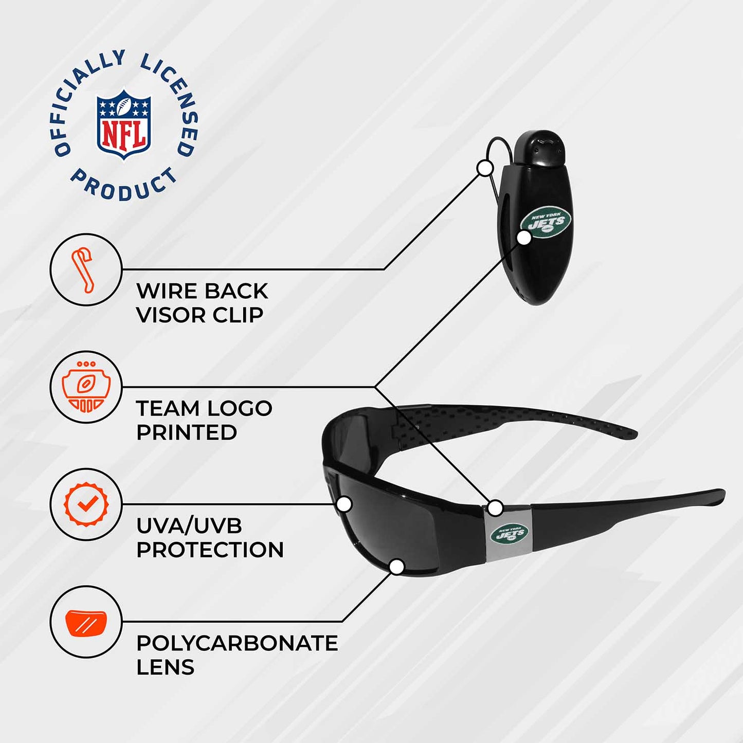 New York Jets NFL Black Chrome Sunglasses with Visor Clip Bundle - Black