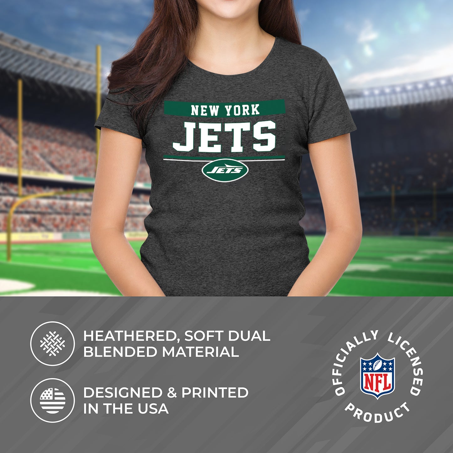 New York Jets NFL Women's Team Block Charcoal Tagless T-Shirt - Charcoal