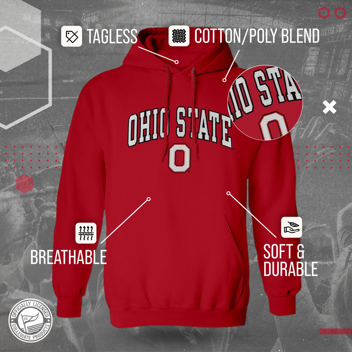 Ohio State Buckeyes NCAA Adult Tackle Twill Hooded Sweatshirt - Red