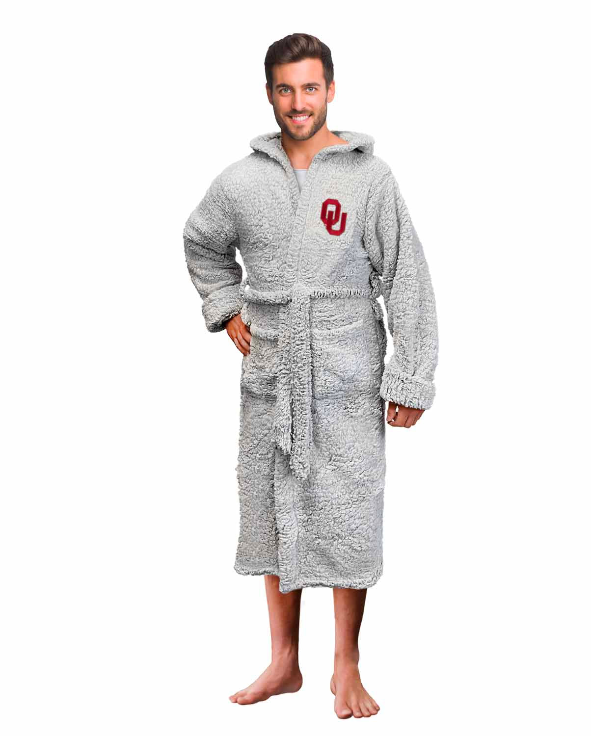Oklahoma Sooners NCAA Adult Plush Hooded Robe with Pockets - Gray