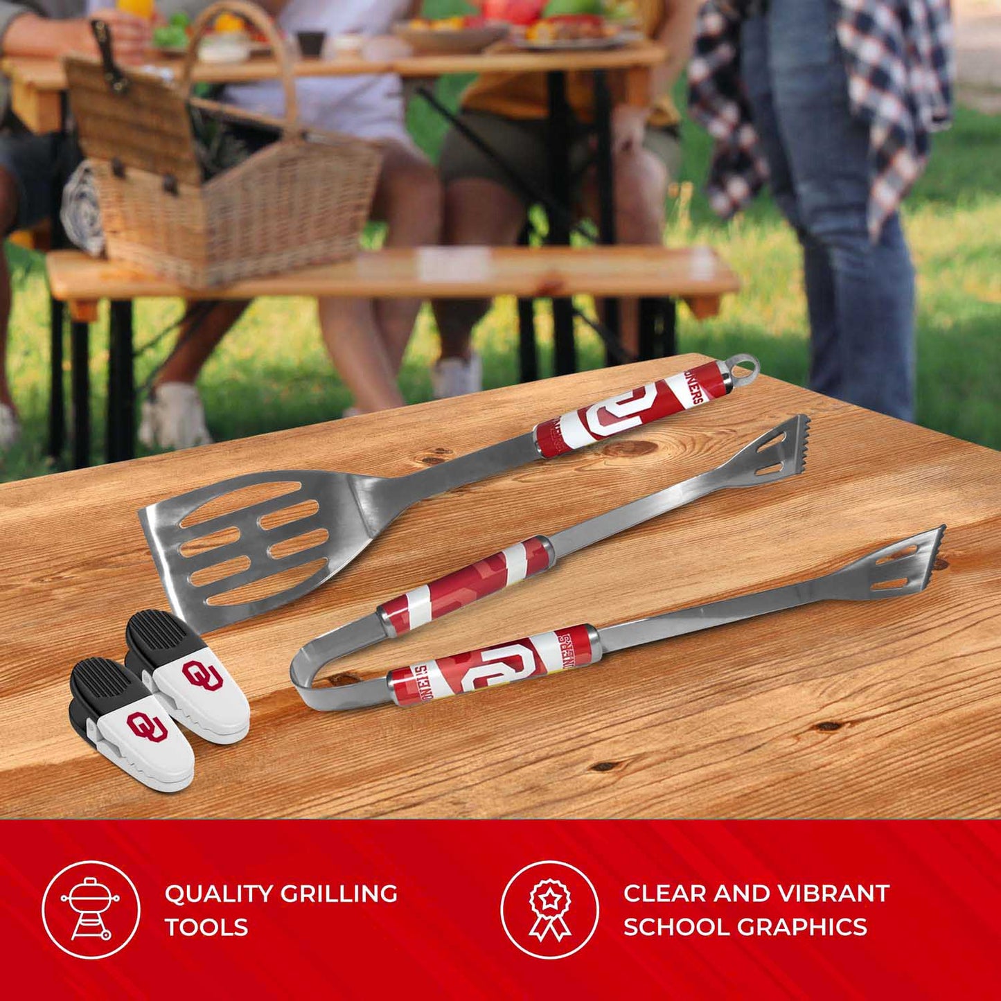 Oklahoma Sooners Collegiate University Two Piece Grilling Tools Set with 2 Magnet Chip Clips - Chrome
