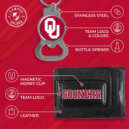 Oklahoma Sooners School Logo Leather Card/Cash Holder and Bottle Opener Keychain Bundle - Black