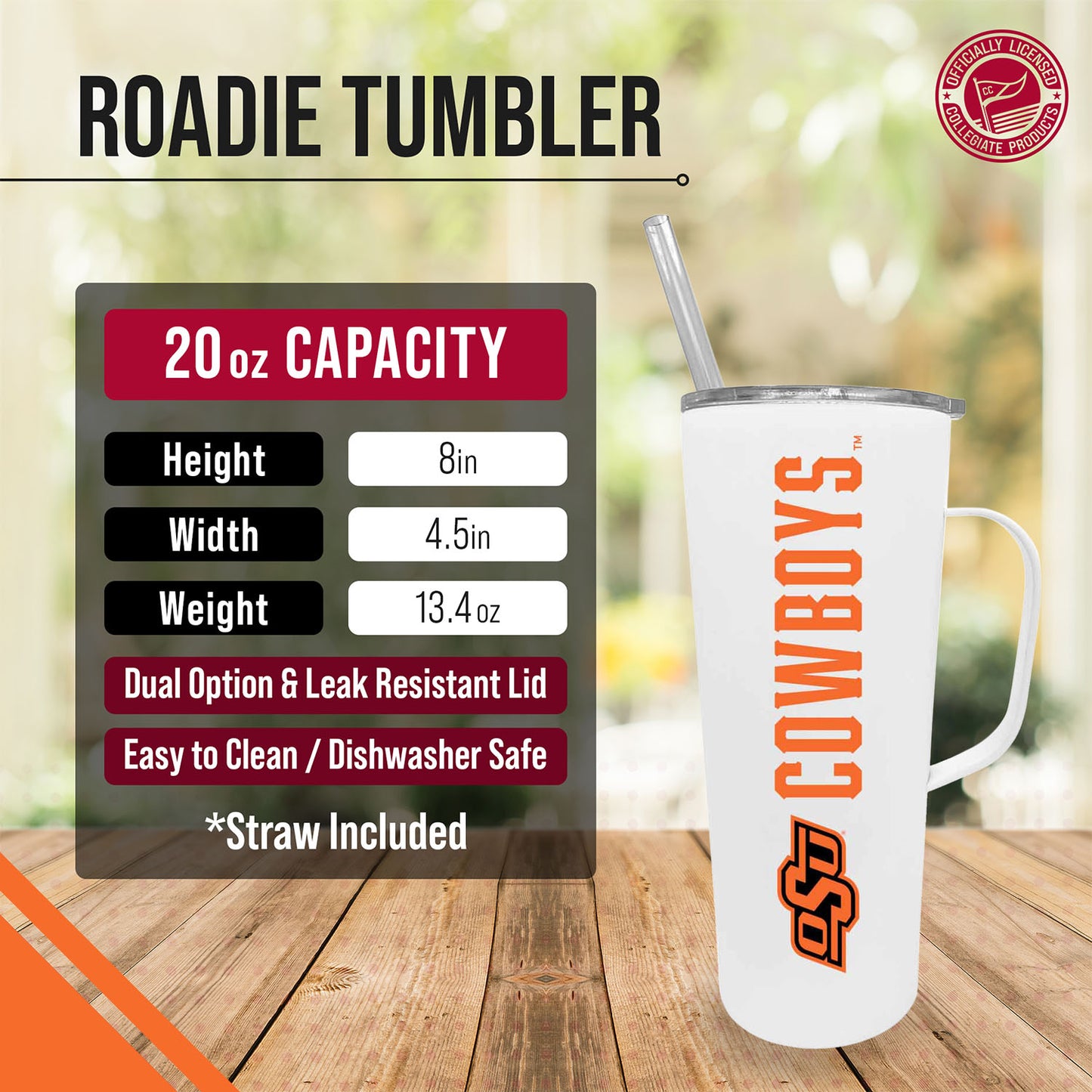Oklahoma State Cowboys NCAA Stainless Steal 20oz Roadie With Handle & Dual Option Lid With Straw - White