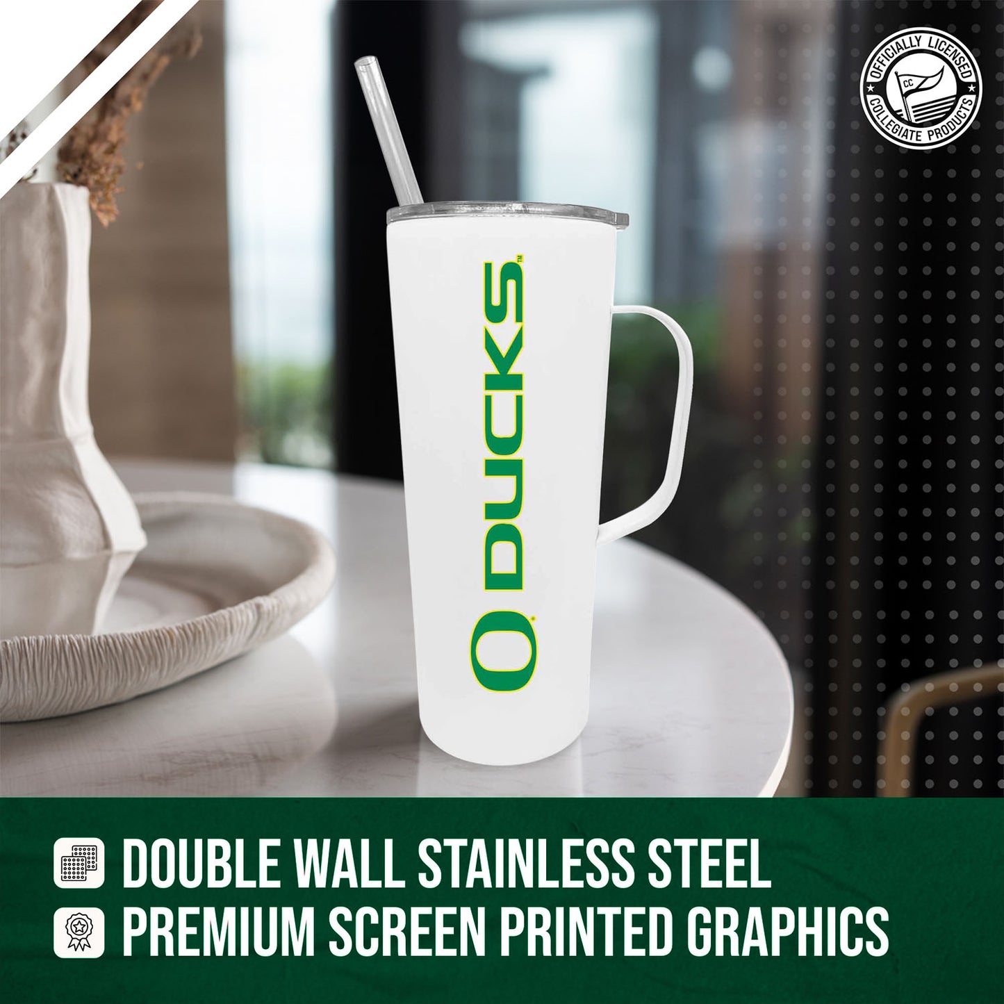 Oregon Ducks NCAA Stainless Steal 20oz Roadie With Handle & Dual Option Lid With Straw - White