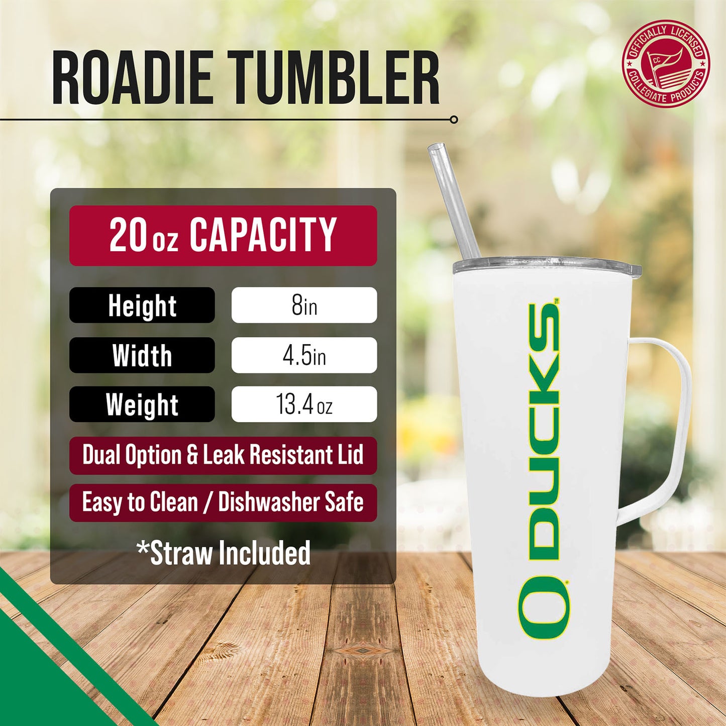 Oregon Ducks NCAA Stainless Steal 20oz Roadie With Handle & Dual Option Lid With Straw - White