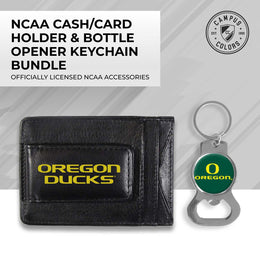 Oregon Ducks School Logo Leather Card/Cash Holder and Bottle Opener Keychain Bundle - Black