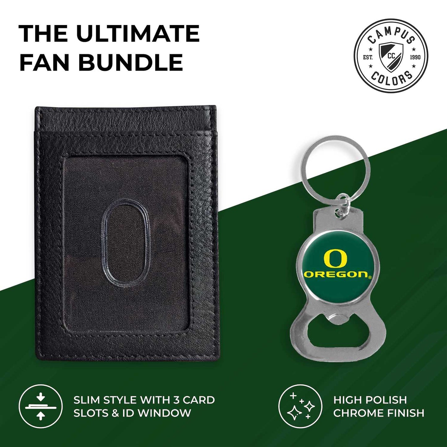 Oregon Ducks School Logo Leather Card/Cash Holder and Bottle Opener Keychain Bundle - Black