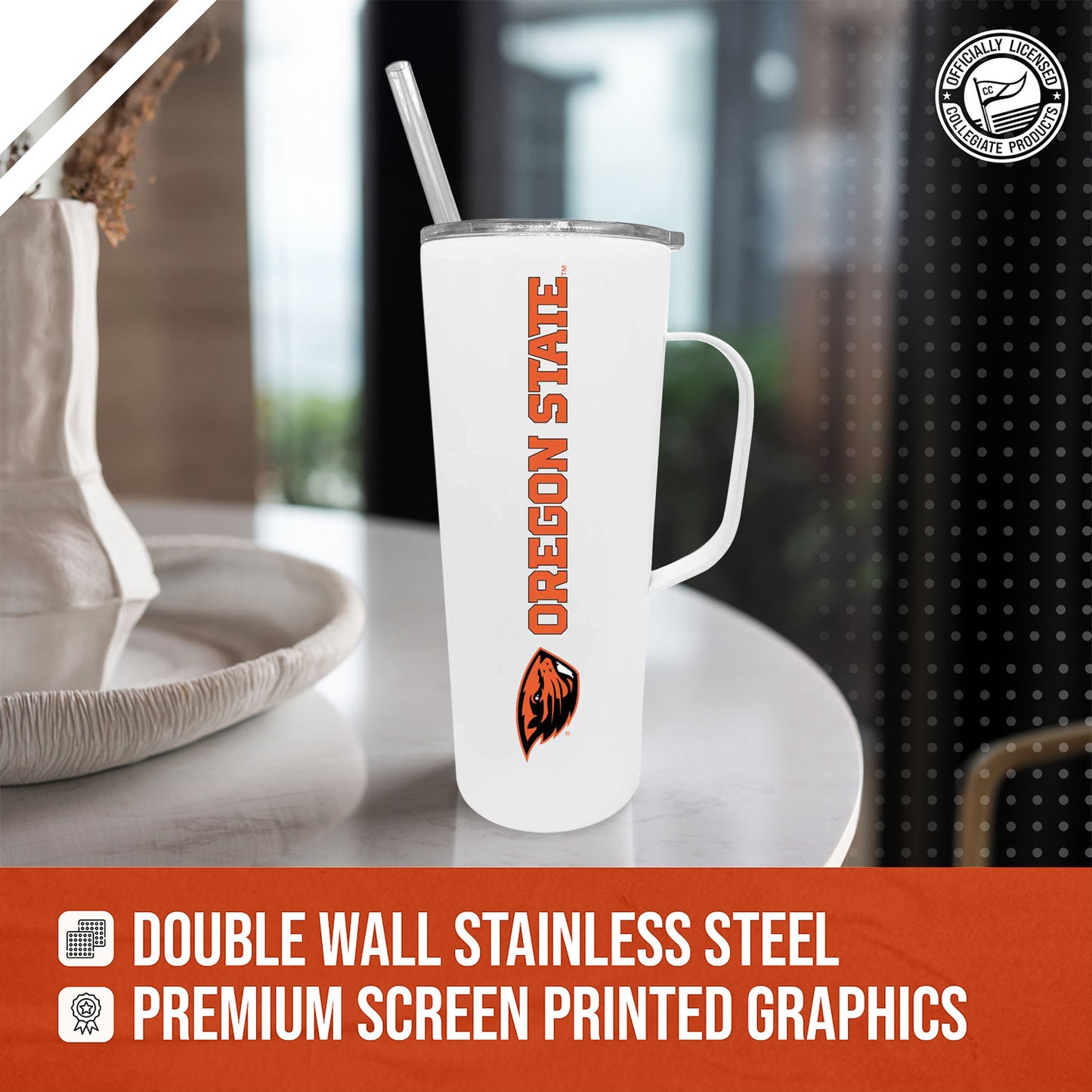 Oregon State Beavers NCAA Stainless Steal 20oz Roadie With Handle & Dual Option Lid With Straw - White