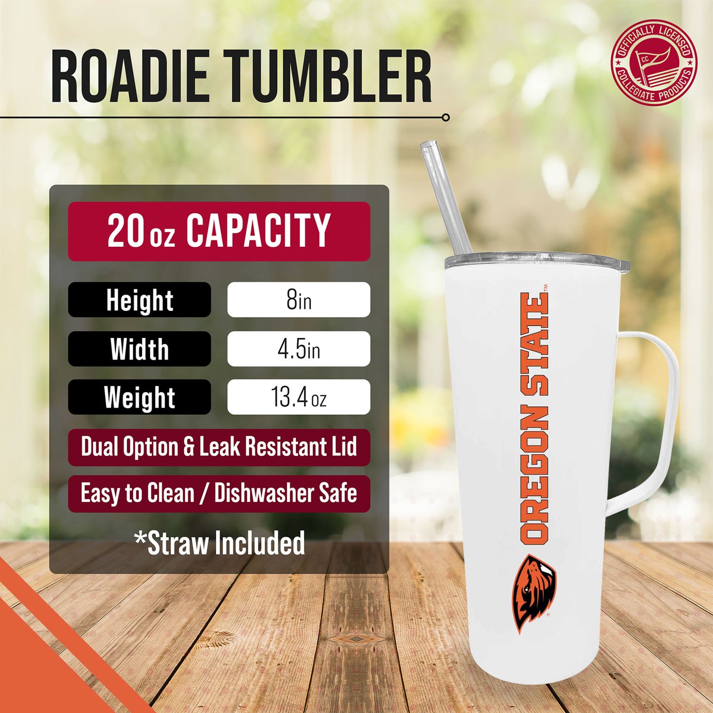 Oregon State Beavers NCAA Stainless Steal 20oz Roadie With Handle & Dual Option Lid With Straw - White