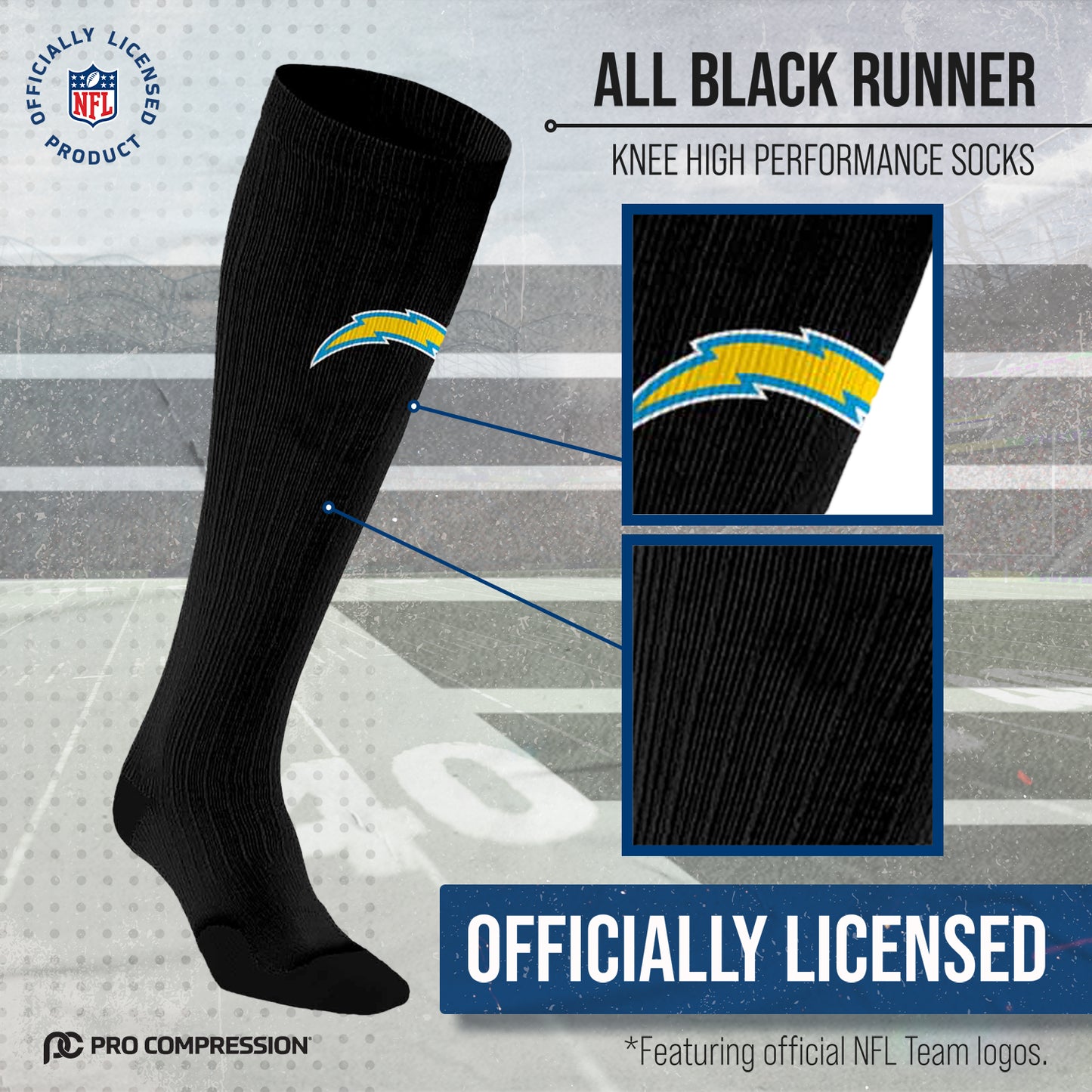Los Angeles Chargers NFL Adult Knee High-Performance Socks - Black
