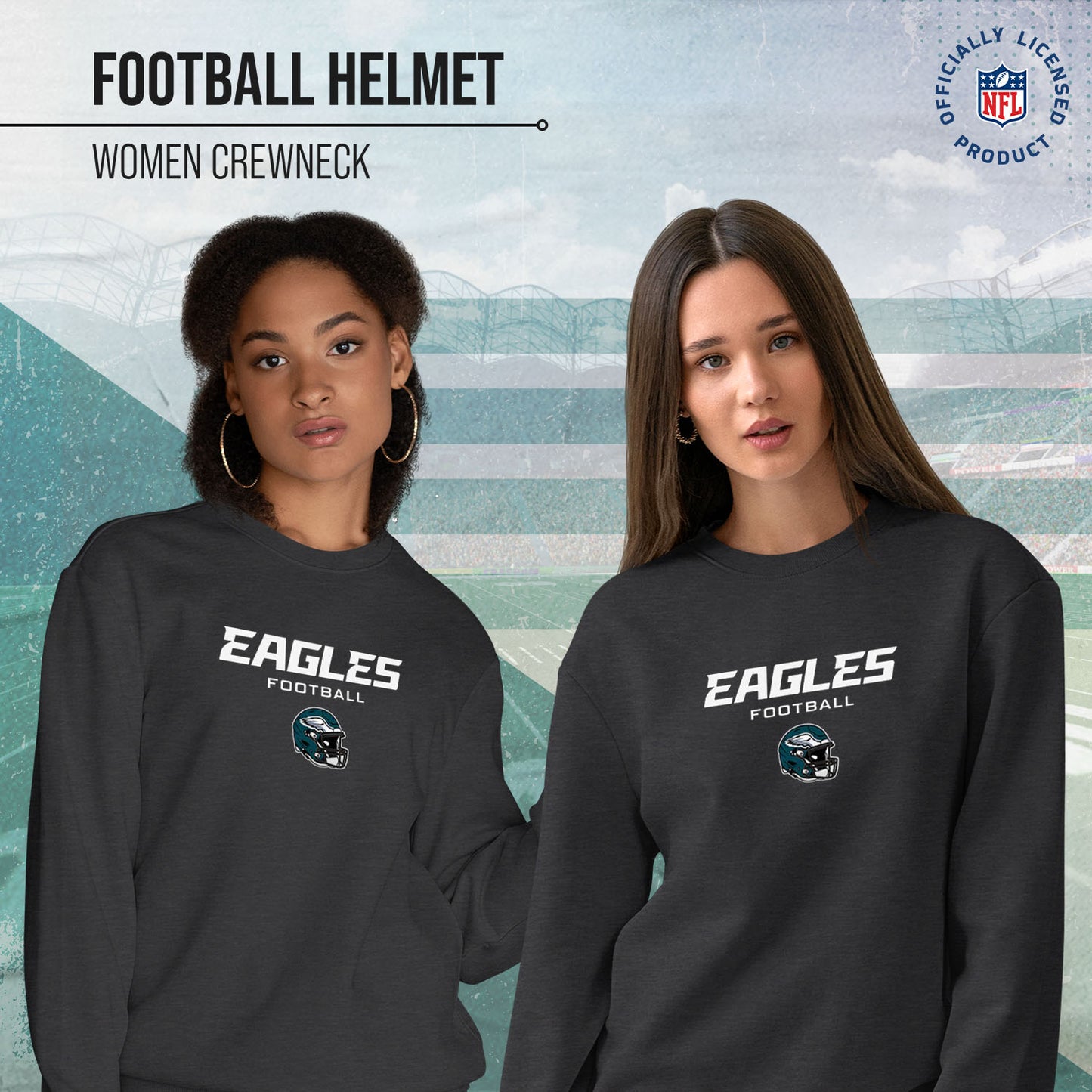 Philadelphia Eagles Women's NFL Football Helmet Charcoal Slouchy Crewneck -Tagless Lightweight Pullover - Charcoal