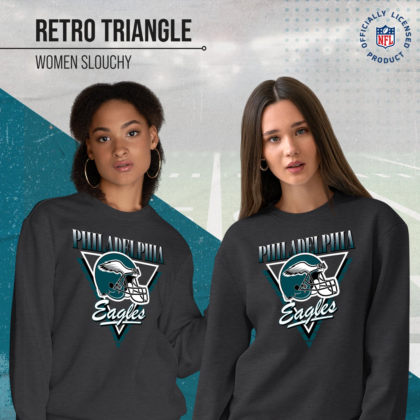 Philadelphia Eagles NFL Womens Retro Triangle Slouchy Crewneck - Heather Charcoal