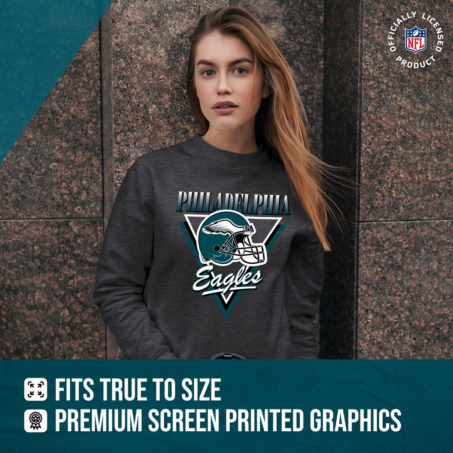 Philadelphia Eagles NFL Womens Retro Triangle Slouchy Crewneck - Heather Charcoal