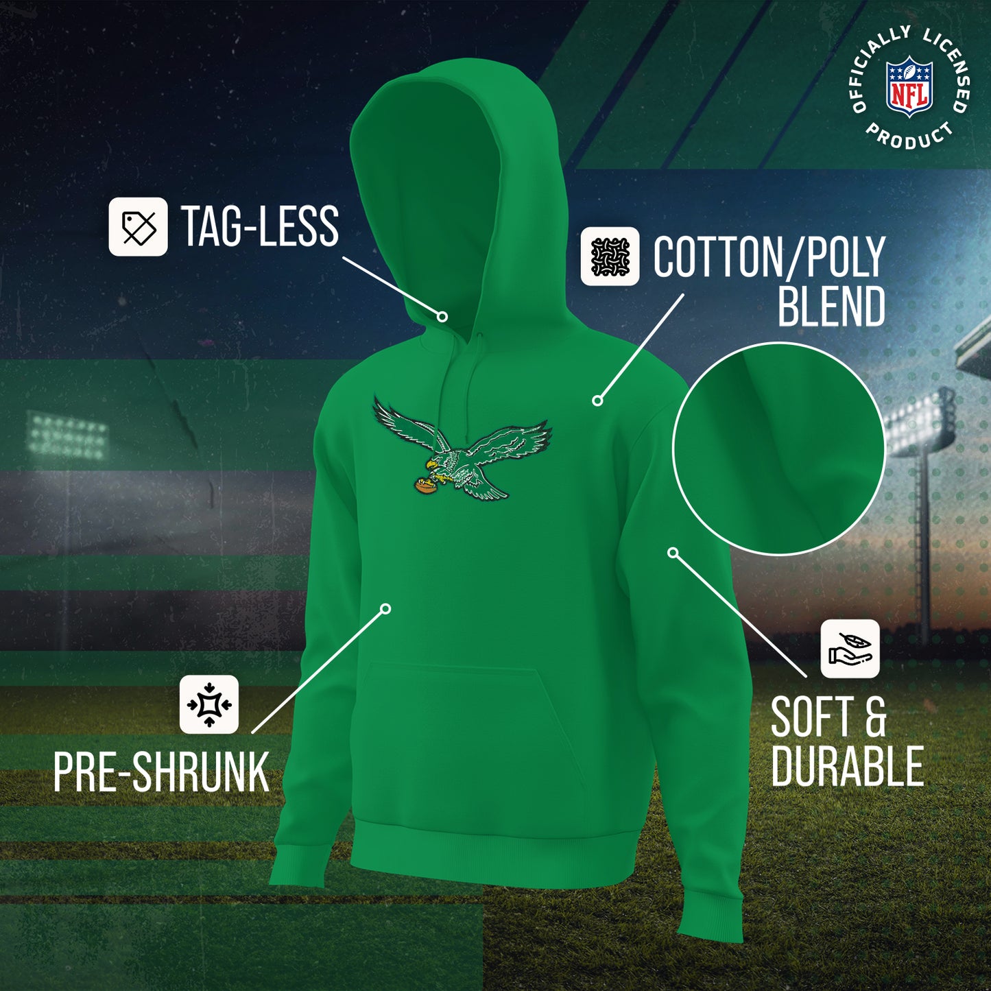 Philadelphia Eagles NFL Adult Unisex Modern Throwback Ultra Soft Fleece Hooded Sweatshirt - Kelly Green