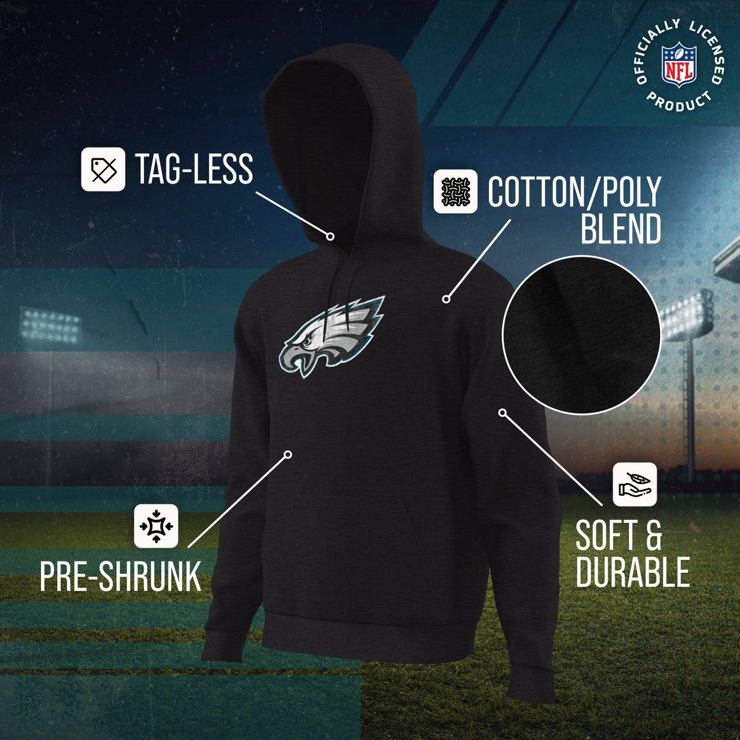 Philadelphia Eagles NFL Adult Unisex Modern Throwback Ultra Soft Fleece Hooded Sweatshirt - Black Heather