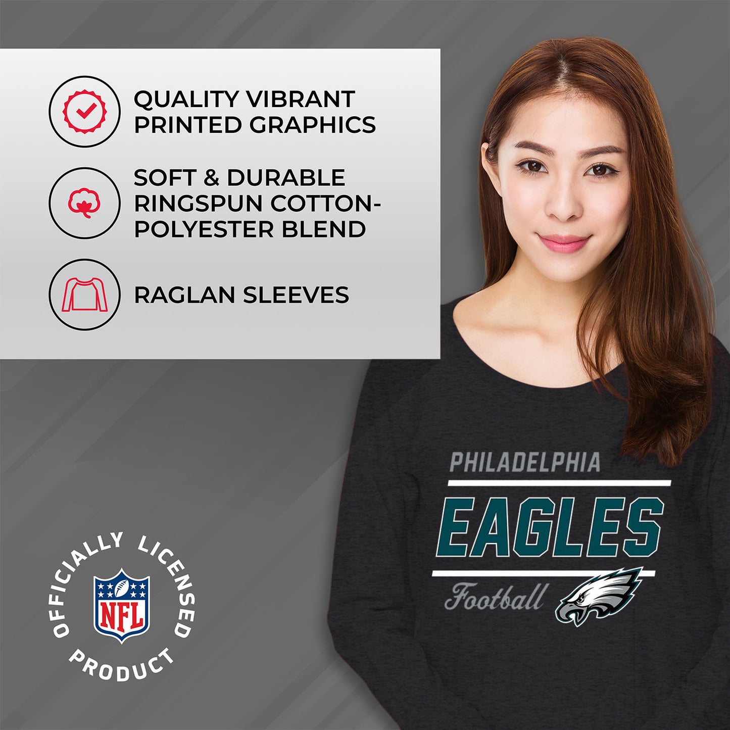 Philadelphia Eagles NFL Womens Crew Neck Light Weight - Charcoal
