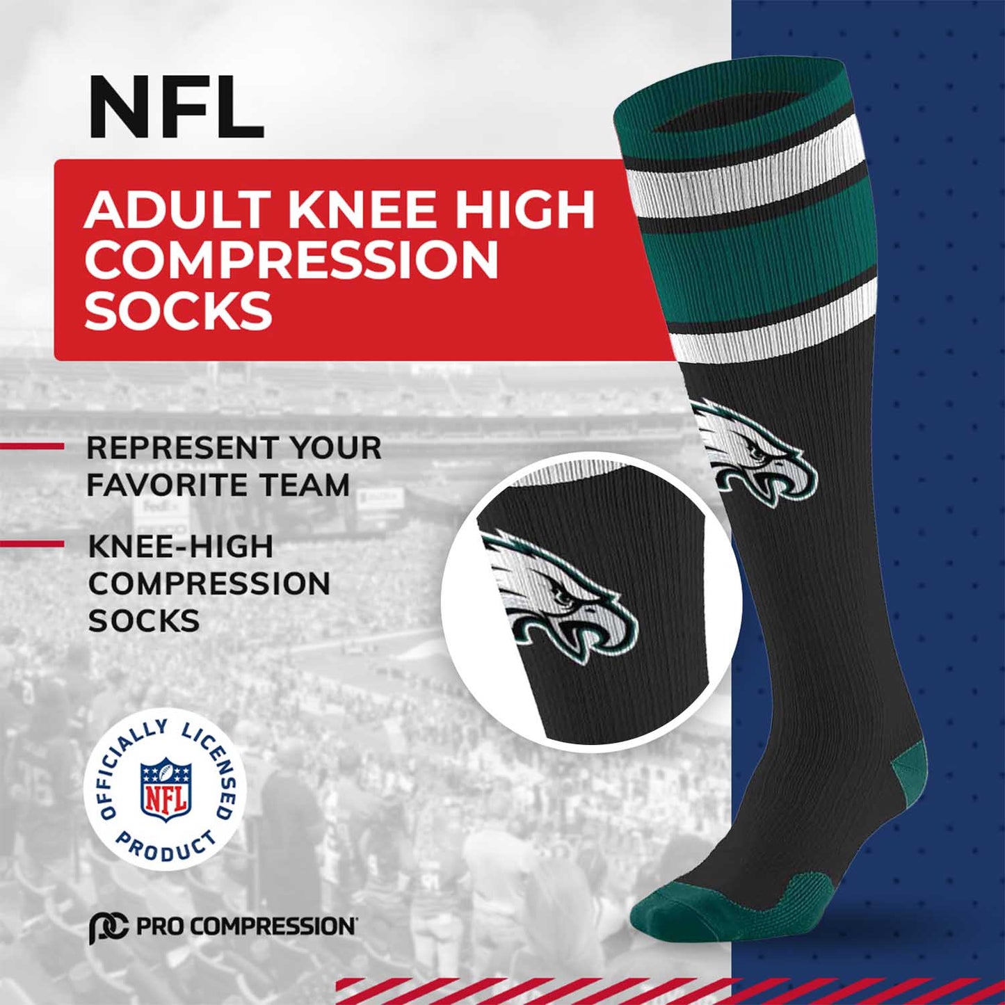 Philadelphia Eagles NFL Adult Knee High-Performance Socks - Black