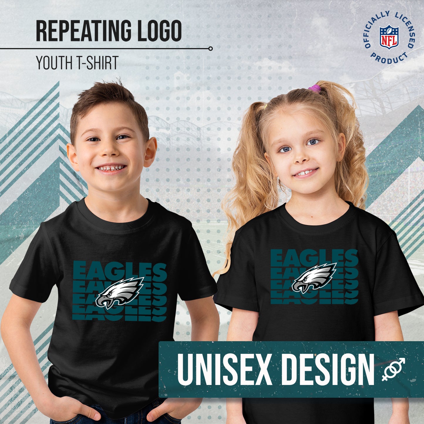 Philadelphia Eagles NFL Youth Repeating Logo Football T-Shirt Unisex Tag Free Comfortable - Black