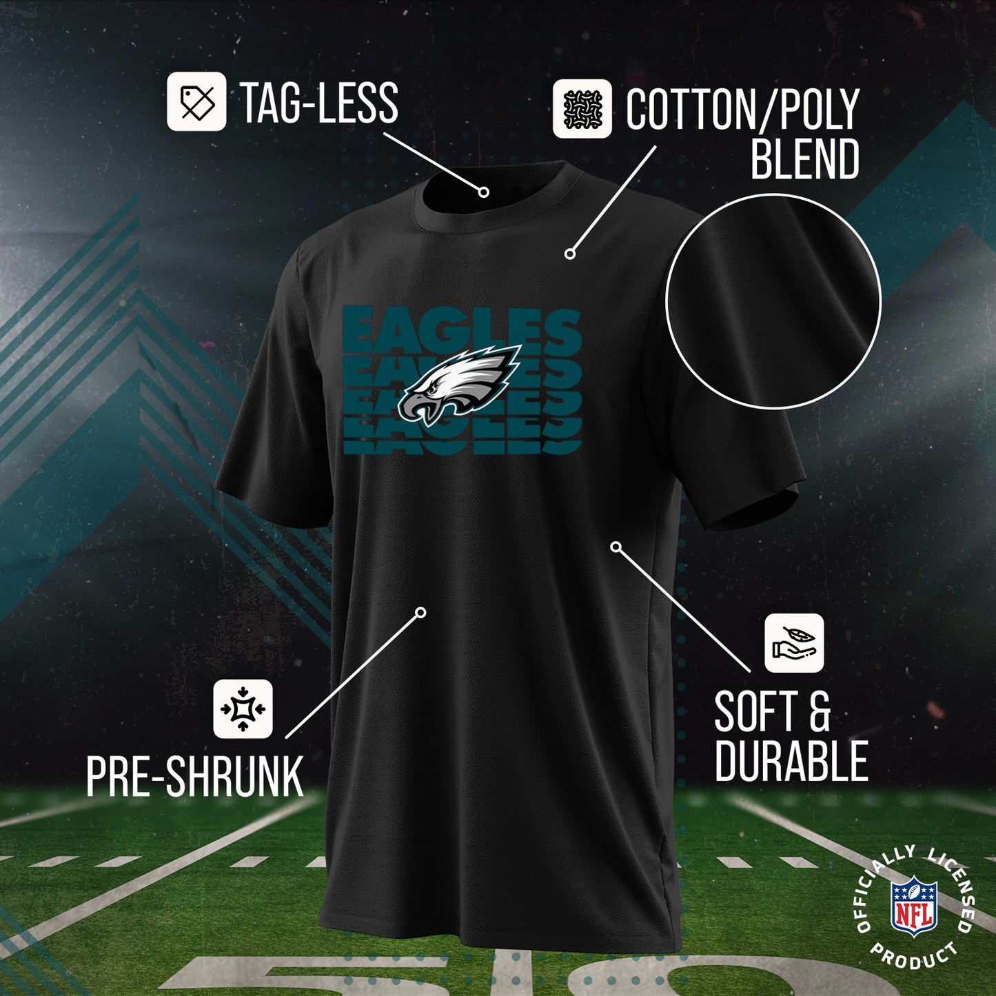 Philadelphia Eagles NFL Youth Repeating Logo Football T-Shirt Unisex Tag Free Comfortable - Black