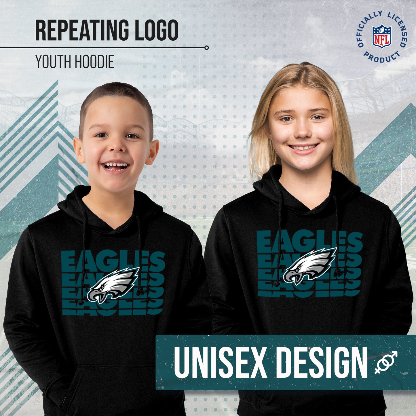 Philadelphia Eagles NFL Youth Repeating Logo Football Fleece Hooded Sweatshirt - Black