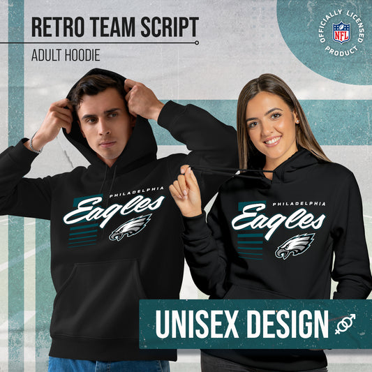 Philadelphia Eagles NFL Adult Unisex Retro Script Ultra Soft Fleece Hooded Sweatshirt - Black