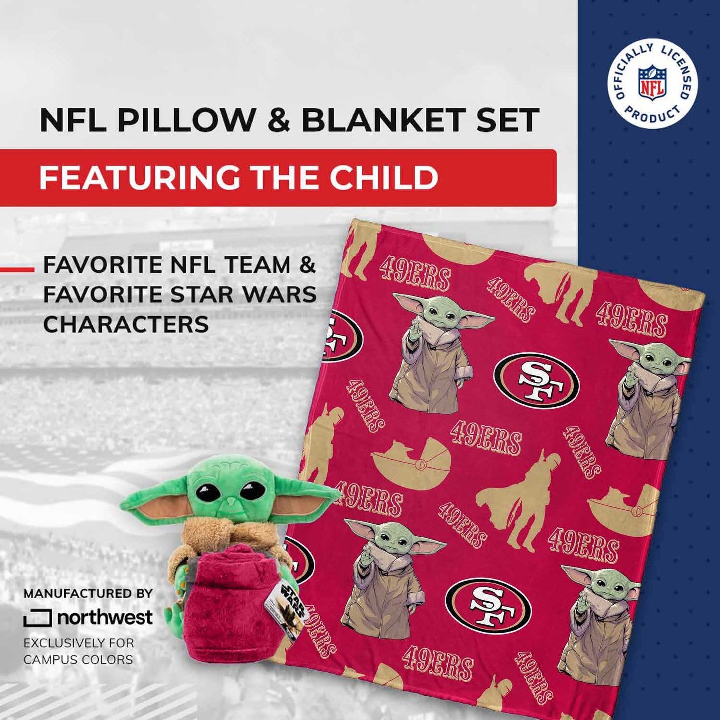 San Francisco 49ers  NFL x Star Wars Pillow & Blanket Set 40" x 50" featuring The Child - Cardinal