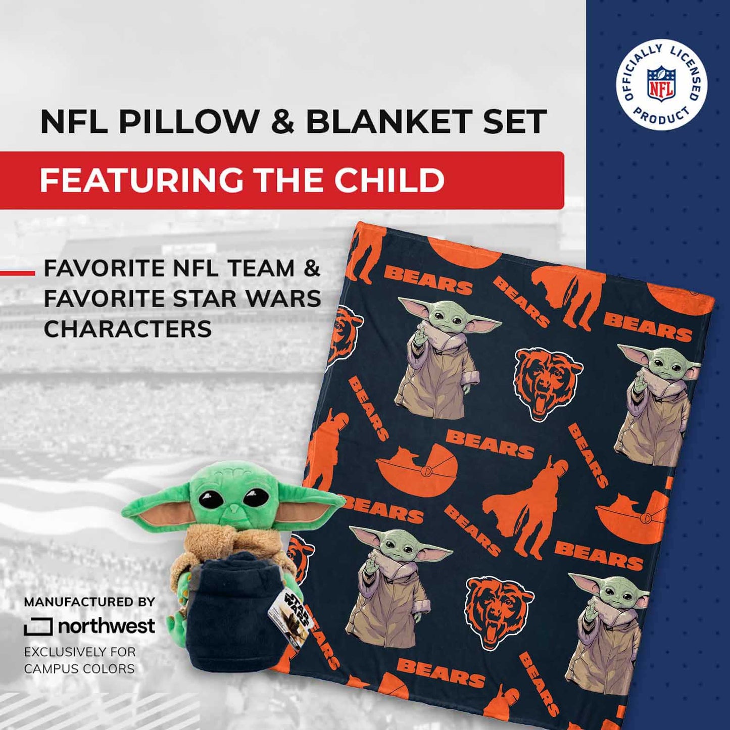 Chicago Bears  NFL x Star Wars Pillow & Blanket Set 40" x 50" featuring The Child - Navy