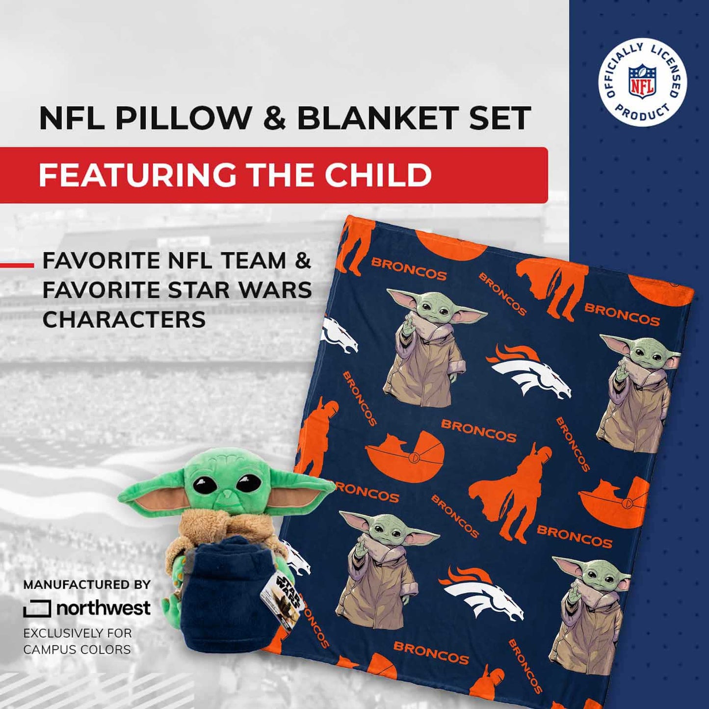 Denver Broncos  NFL x Star Wars Pillow & Blanket Set 40" x 50" featuring The Child - Navy