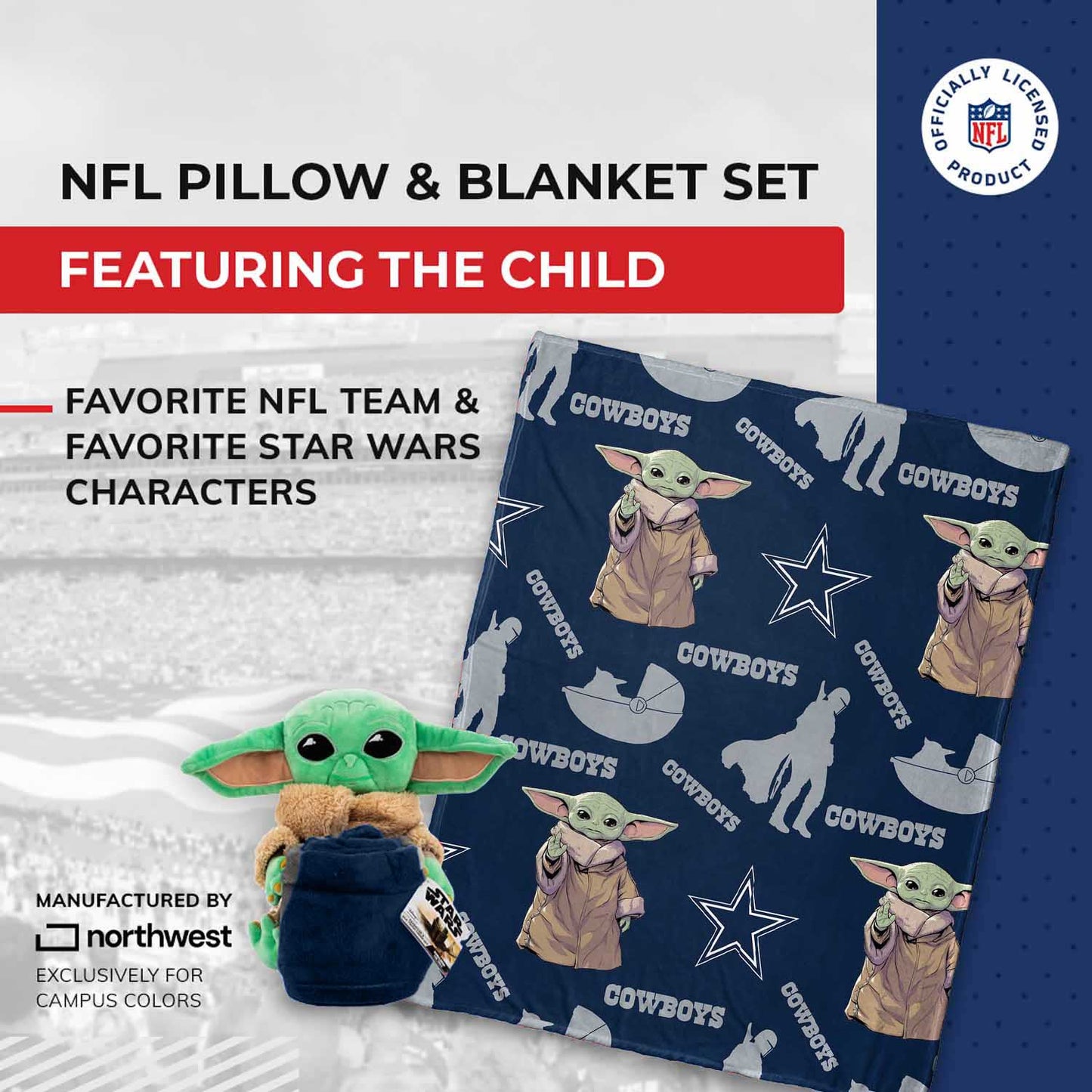 Dallas Cowboys  NFL x Star Wars Pillow & Blanket Set 40" x 50" featuring The Child - Navy