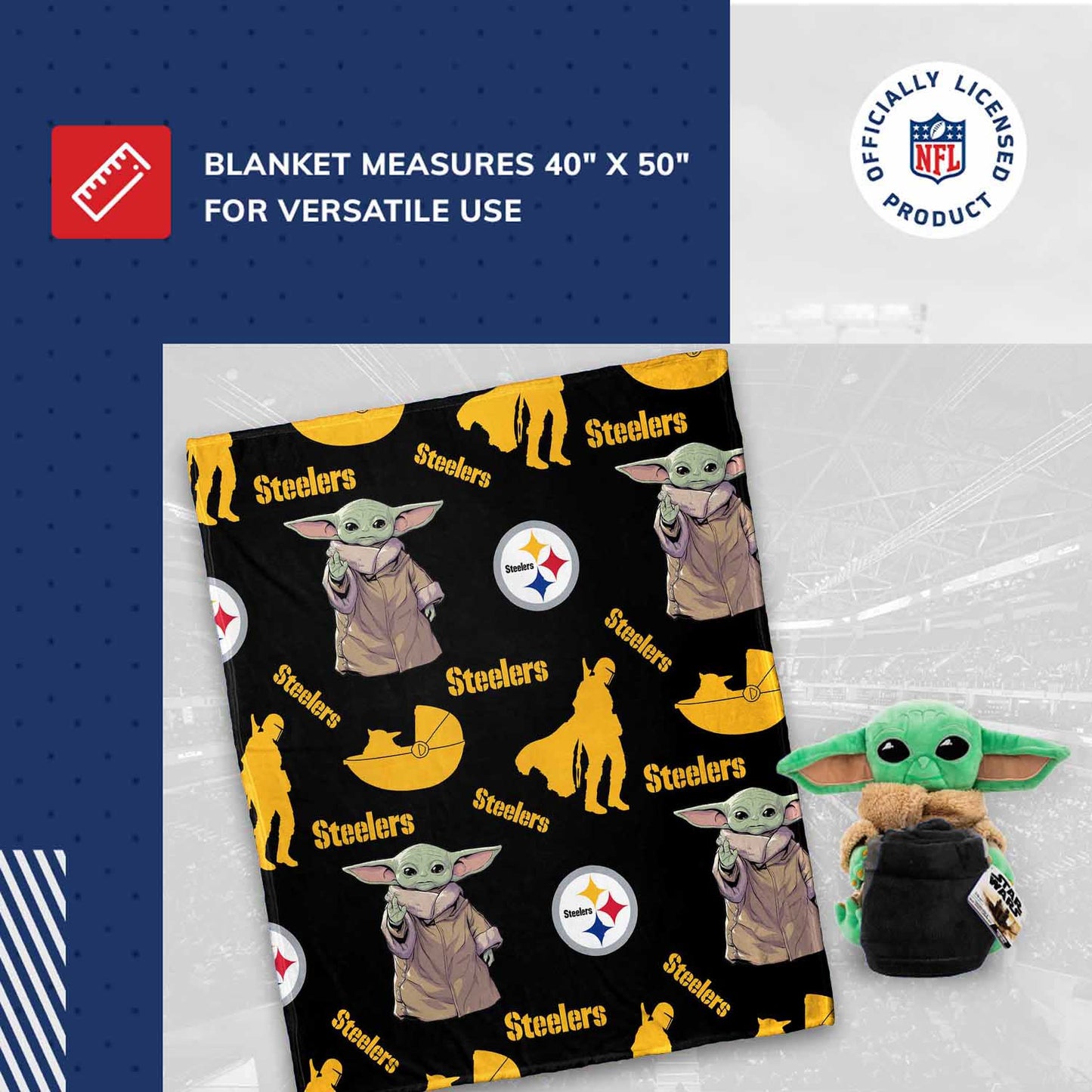 Pittsburgh Steelers  NFL x Star Wars Pillow & Blanket Set 40" x 50" featuring The Child - Black