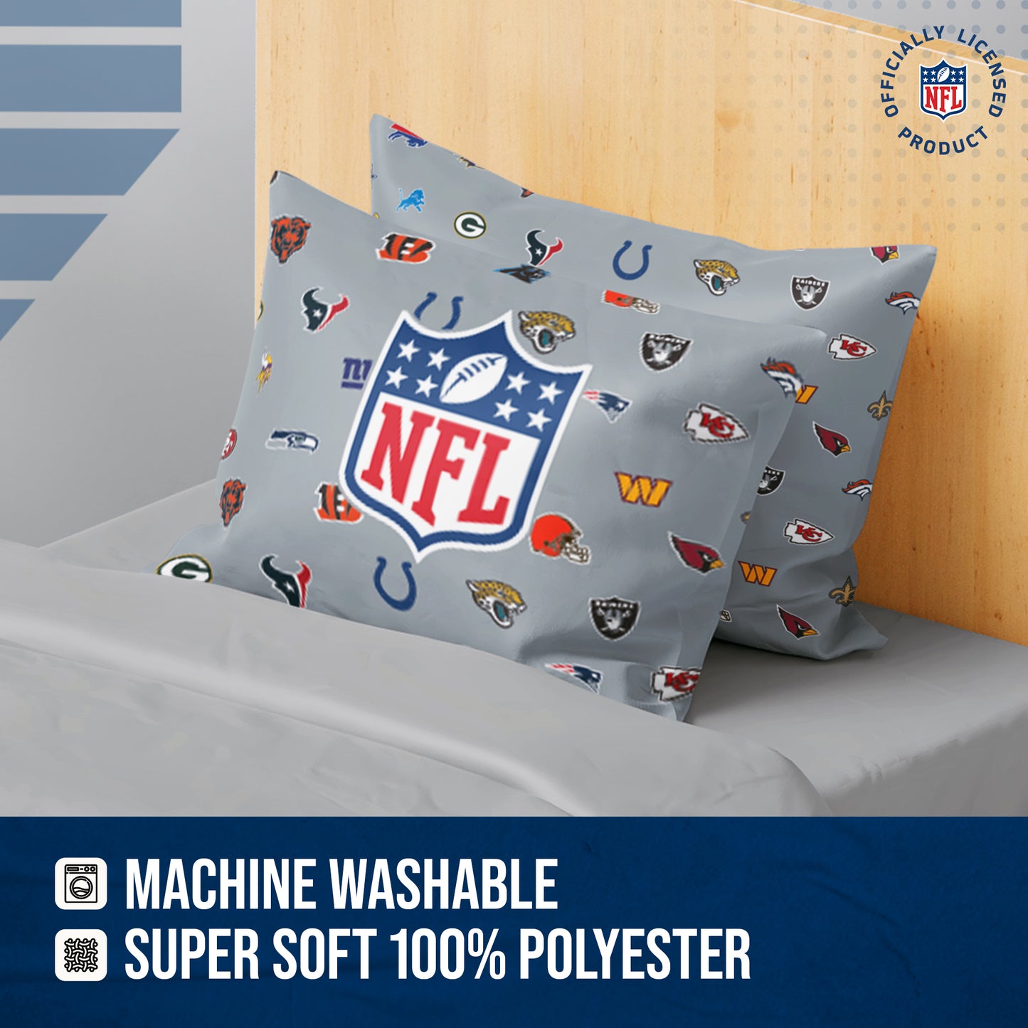 NFL  Repeating Team Logo Pillowcase 2 Pack- Standard Size -Officially Licensed Bedding- Football Pride! - Team Color