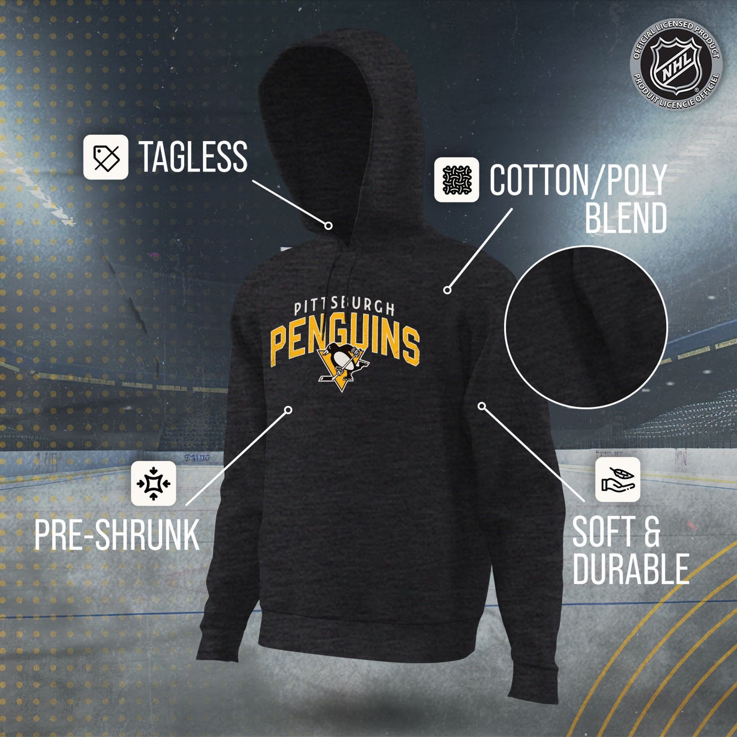 Pittsburgh Penguins NHL Adult Unisex Powerplay Hooded Sweatshirt - Black Heather