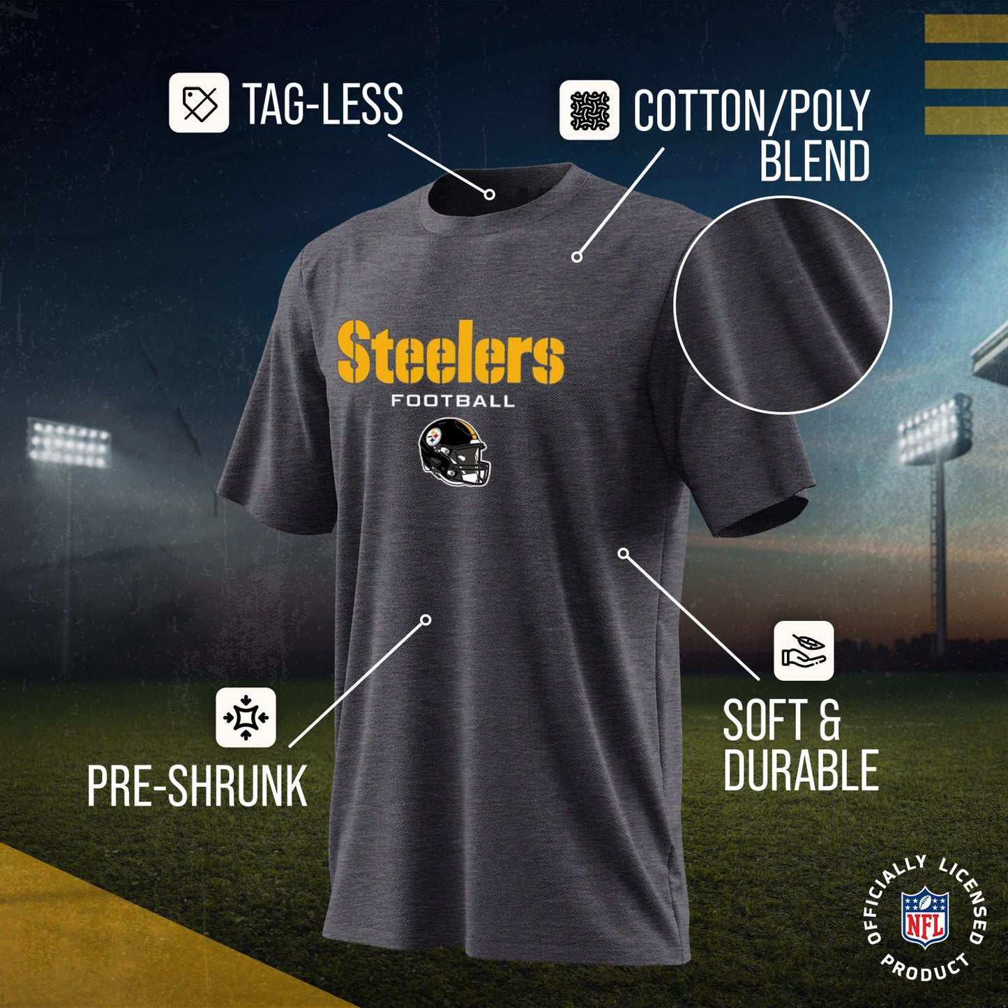 Pittsburgh Steelers NFL Youth Football Helmet Tagless T-Shirt - Charcoal