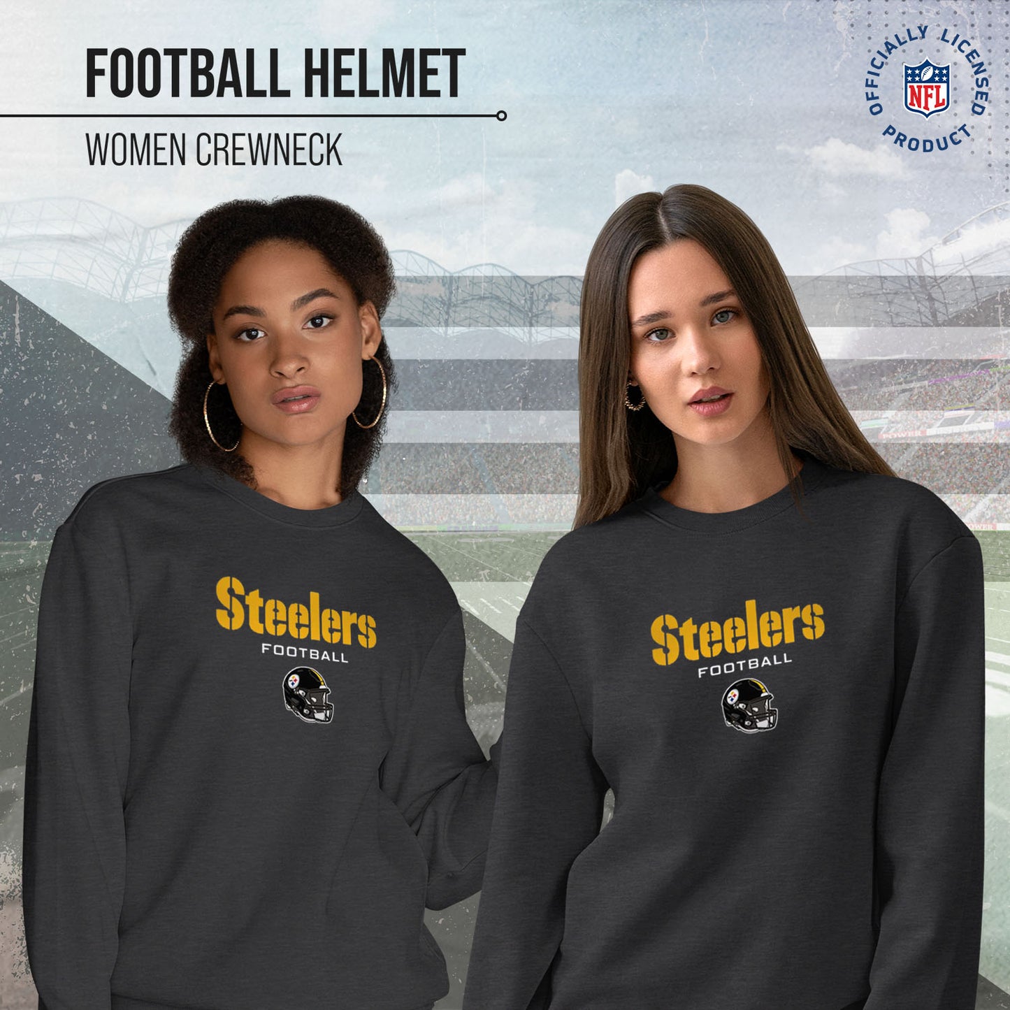 Pittsburgh Steelers Women's NFL Football Helmet Charcoal Slouchy Crewneck -Tagless Lightweight Pullover - Charcoal