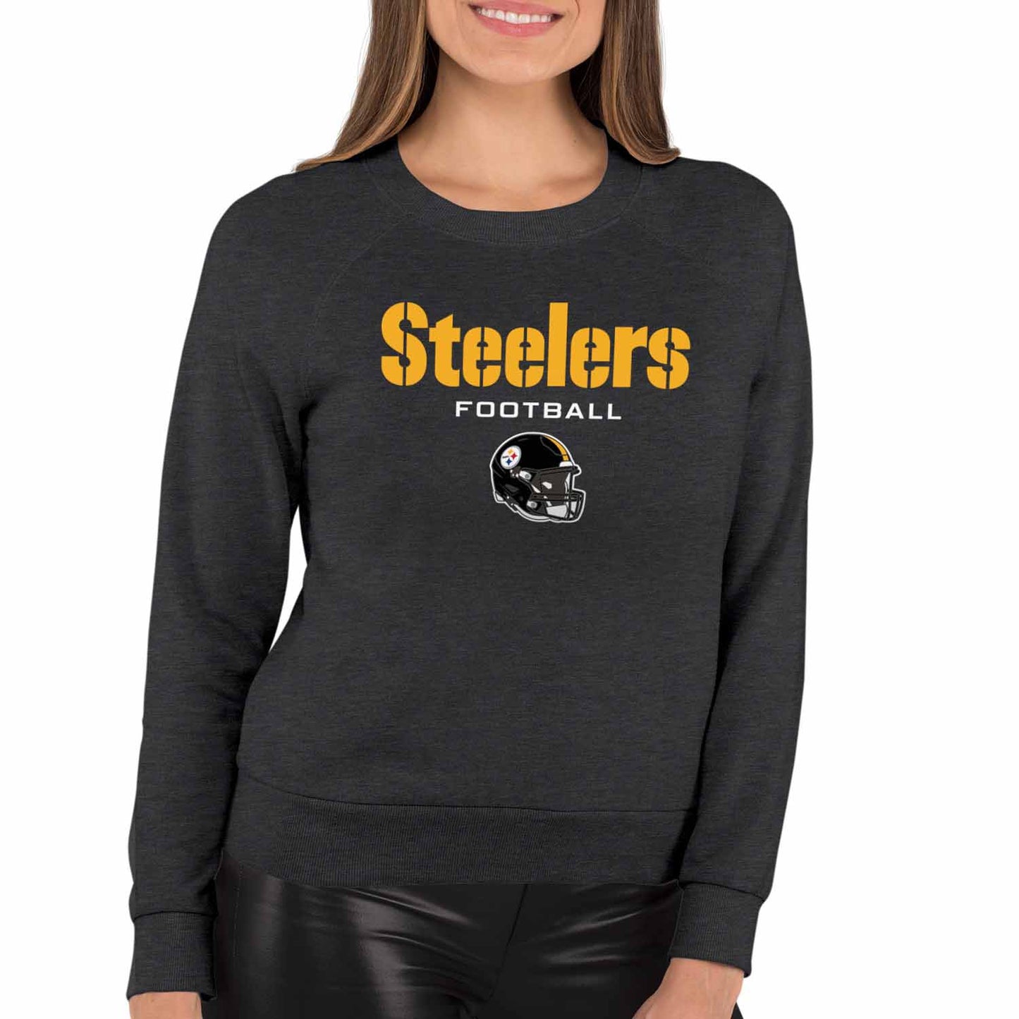 Pittsburgh Steelers Women's NFL Football Helmet Charcoal Slouchy Crewneck -Tagless Lightweight Pullover - Charcoal
